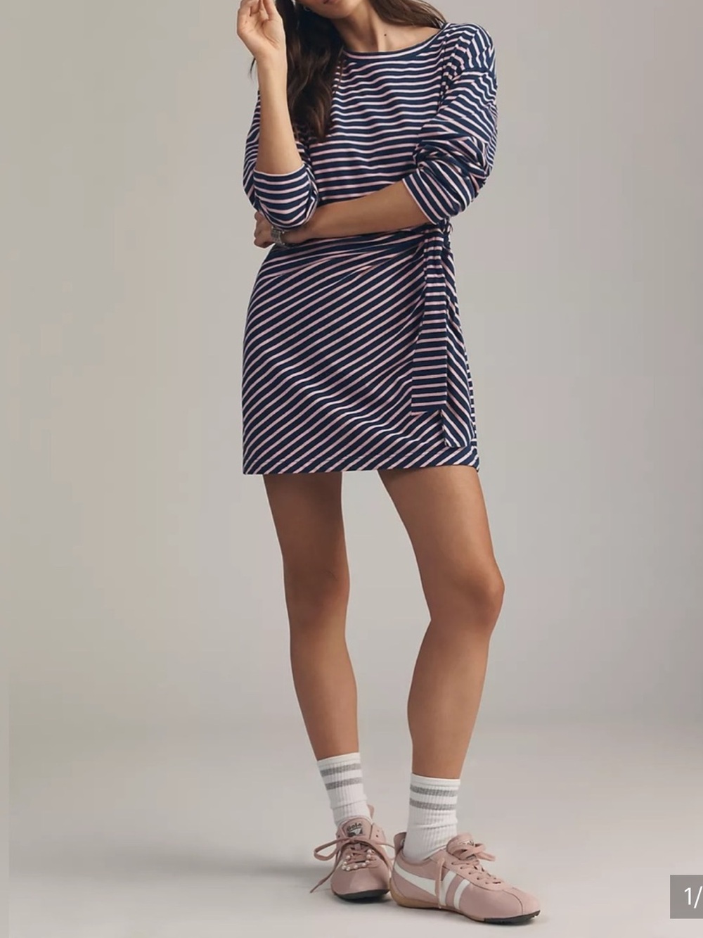 Anthropologie Daily Practice Striped Navy and Pink Tie-Waist Mini Dress